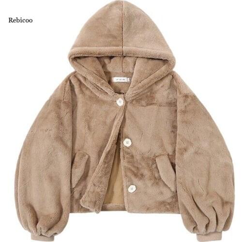 Winter White Cute Soft Oversized Fluffy Faux Fur Coat Women with Hood Long Sleeve Lovely Harajuku Kawaii Jacket