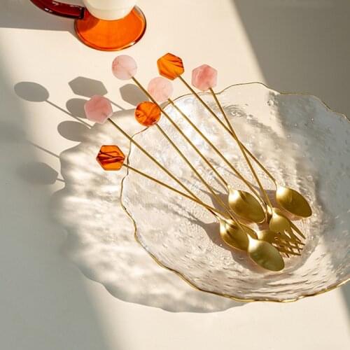 1PCS Acrylic Stainless Steel Fruit Fork Ins Coffee Stirring Spoon Dessert Fork Spoon with Long Handle