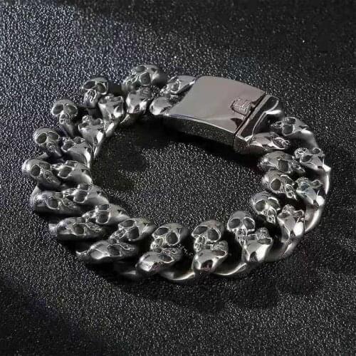 19mm Heavy Men Biker Jewelry Hiphop 316L Stainless Steel Skull Bracelet Cool Punk Rock Curb Chain Link Skeleton Mens Bracelets