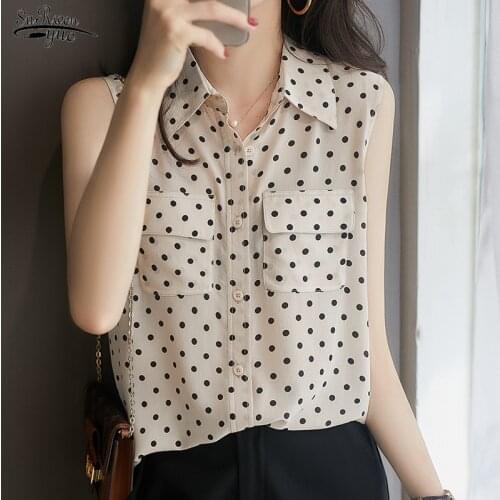 2021 Summer Sleeveless Women Shirts Casual Single Breasted Dot Women Blouses Turn Down Collar Plus Size Women Clothing 14996