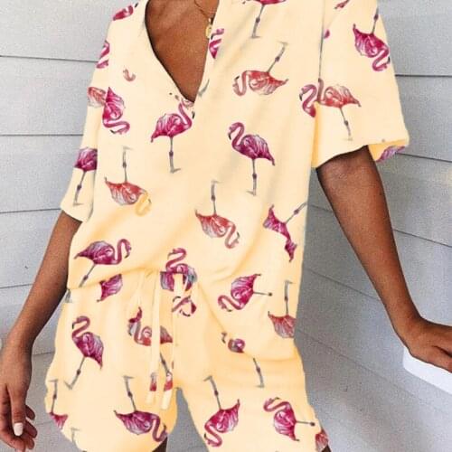 2021 New Summer Women Short Sleeve Avocado Flamingo Sets Print Tracksuit Short Sleeve Drawstring Pajamas Set Casual 2 Piece Set
