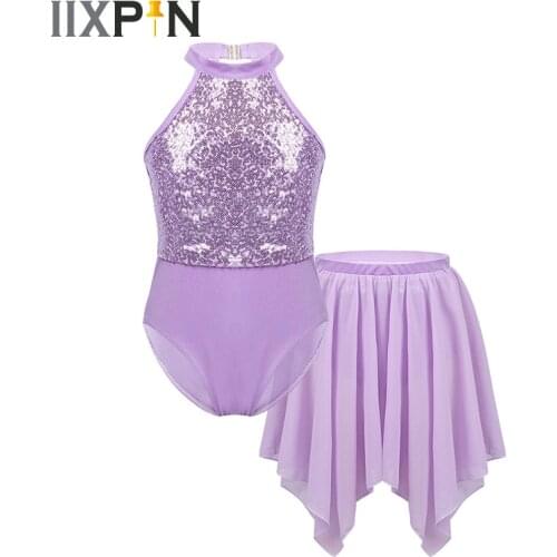 Girls Halter Neck Sequined Ballet Dance Dress Sequin Lyrical Dress Gymnastics Leotard with Irregular Hem Chiffon Skirt Outfit