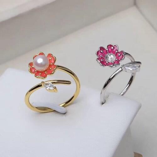 Flower 925 Sterling Silver Adjustable Ring Settings Findings Mountings Parts for Pearl Corals Jade Crystal, 5pcs/lot