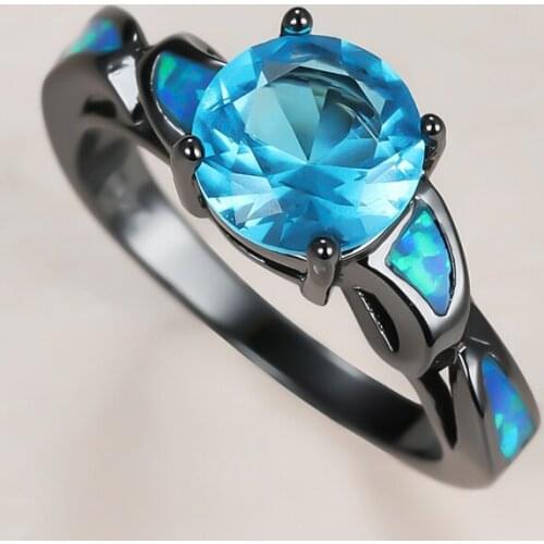 Dainty Male Female Aqua Blue Round Crystal Ring Charm 14KT Black Gold Wedding Rings For Women Punk Opal Stone Engagement Ring