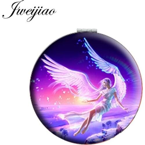 JWEIJIAO Fairy Angel Photo Printed PU Leather Makeup Mirror Round Folding Pocket 1X/2X Magnifying Mirror