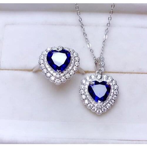 Blue Sapphire gemstone jewelry set including ring and necklace with 925 silver jewelry heart love hot selling gift style