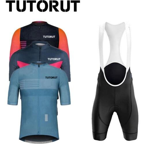 TUTORUT Men Summer Racing Sportwear Cycling Jersey Set Short Sleeve Quick Dry Mountain Bicycle Clothes With Reflective Strip
