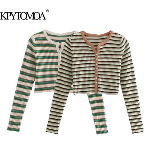 KPYTOMOA Women 2021 Fashion Striped Cropped Knit Cardigan Sweater Vintage Long Sleeve Button-up Female Outerwear Chic Tops