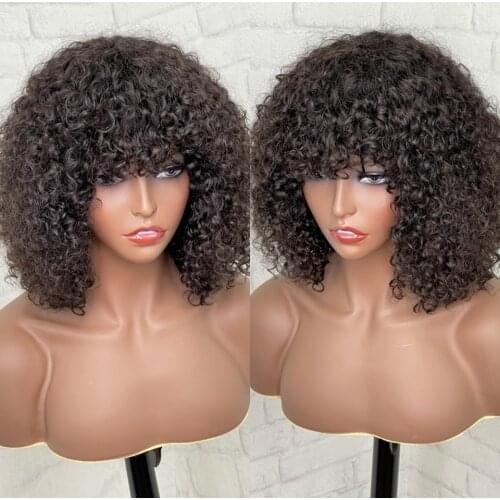 Curly Short Pixie Cut Bob Human Hair Wig With Bangs Non Lace Front Wigs For Black Women Remy PrePlucked With Baby Hair Brazilian