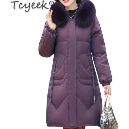 Tcyeek Real Fox Fur Collar Jacket for Women Winter Hooded Warm Down Coat Famale New Long Korean Parkas Ladies Veste Femme SQQ514