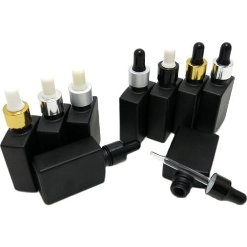 30ml square shape frosted black glass bottle with dropper lid for E-liquid essential oil serum water skin packing