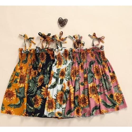1-7T Summer Baby Girl Sleeveless Sunflower Print Dress With Ruffles Large Hem Lace-Up A-Line Dress Children Beach Vacation