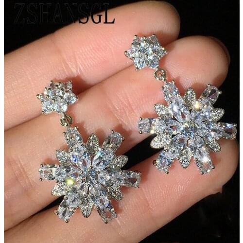 Hot Sale Romantic SnowFlower Stud Earrings For Wedding Elegant Sterling Silver AAA Cubic Zirconia Stone Earring Jewelry