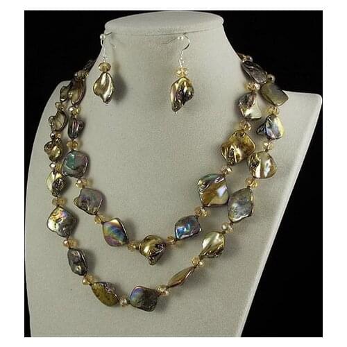 Unique Pearls jewellery Store,120CM Long Brown Color Shell Crystal Beads Necklace 925 Silver Earrings Jewelry Set