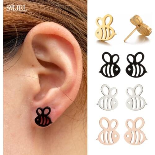 Fashionable Honeycomb Bee Earrings for Women Black Small Stainless Steel Bee Geometric Stud Earring Wholesale Birthday Gifts