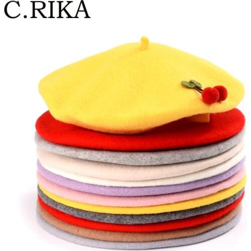 New Autumn Winter 100% Wool Berets French Hat Children Cherry Beret Hat Women Girls Cute Japanese Handmade Painter Hat Warm Cap