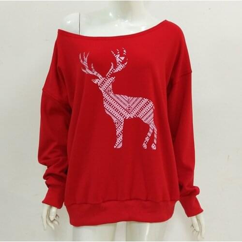 NEW Womens Clothing Christmas Elk Pattern Sweatshirts Sexy Skew Collar Hoodys Long Sleeve Fleeces Hoodies Casual Cotton Hoodys