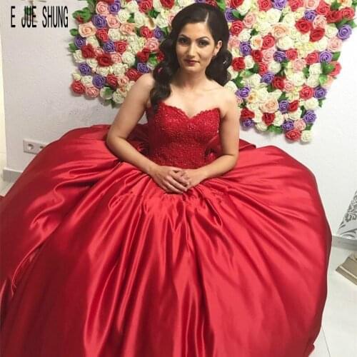 E JUE SHUNG New Red Princess Wedding Dresses Sweetheart Neck Lace Up Back Sleeveless Bridal Gowns Wedding Gowns Vestido De Noiva