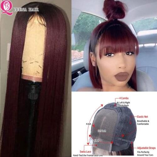 Ombre Human Hair Wig With Bang 1B 99J Burgundy Closure Wig 4*4 Lace Closure Wig Straight Closure Wig With Bangs Brazilian Wigs