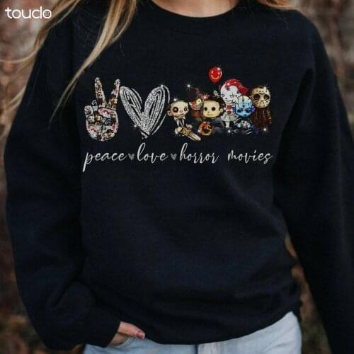 Peace Love Horror Movies Sweatshirt Scary Halloween Shirt Halloween Gift S-3XL