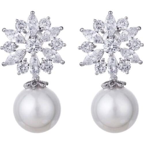 ZHURONG flower Pearl shell AAA Cubic Zirconia clip on earrings for women,without piercing design no hole ear jewelry