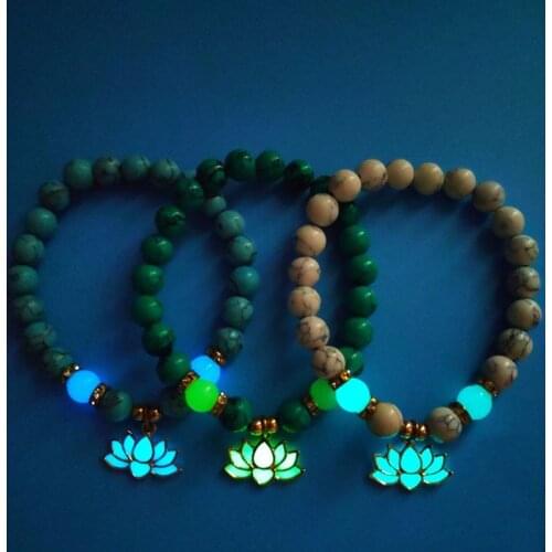 Glowing In The Dark Lotus Women Charm Bracelet Yoga Prayer Buddhist Natural Stone Beads Luminous Jewelry