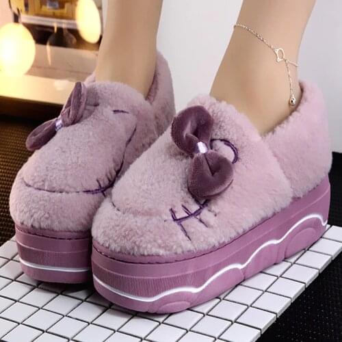 Platform slippers Women Home slippers Winter Plush Warm House slipper Indoor Female Butterfly-knot Cute Bedroom furry slippers