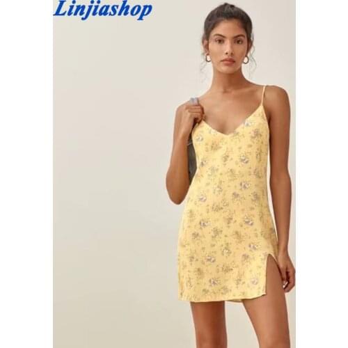 Vintage Split Summer Dresses Elegant V Neck Fashion Spaghetti Straps Thin Yellow Floral Print Vestidos Casual Dress