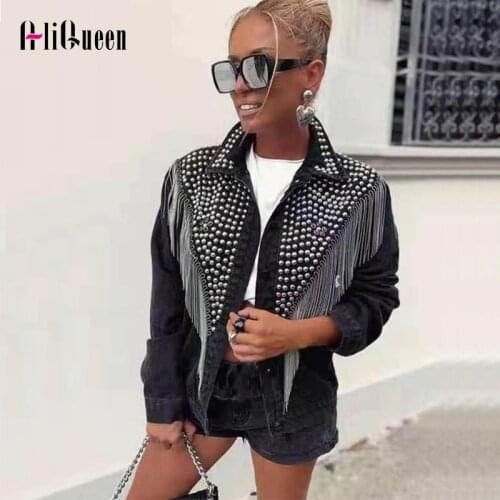 Manteau Femme 2019 Autumn Streetwear Denim Jacket Women Hand-studded Rivet Tassel Chain Jeans Jacket Veste Femme Loose Coats