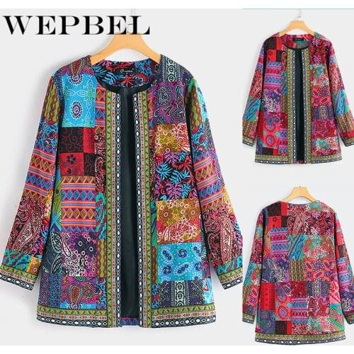 WEPBEL Women Autumn Winter Vintage Loose Cotton Linen Print Coat Ladies Elegant Long Sleeve O Neck Open Front Jacket Top