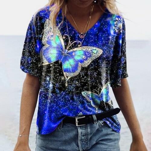 Women Retro Round Neck Short Sleeve Tops Fashion Pullover Geometric Butterfly Print Blouse Casual Shirts Blusa Streetwear D30