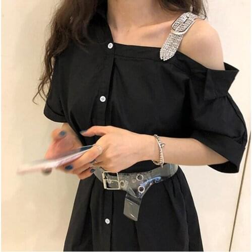 Short Sleeve Shirt Dress 2019 Gothic Summer Dresses Women Bling Sequin Strap Off Shoulder Casual Loose Party Dress Vestidos