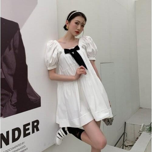White square collar puff sleeve a-line doll dress 2021 summer loose college style bow sweet princess dress