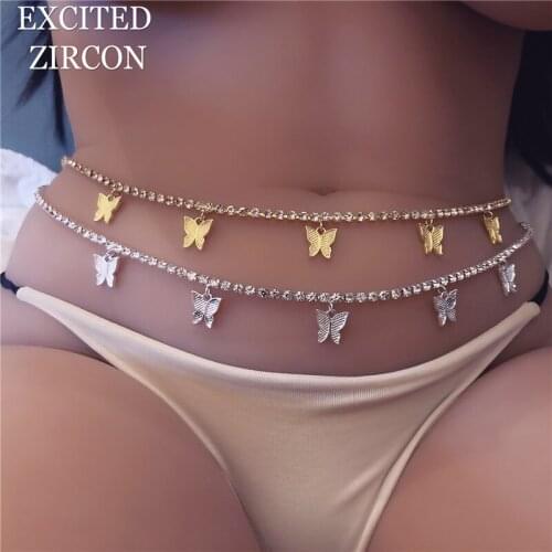 2020 Fashion Sexy Body Jewelry Rhinestone Tennis Waist Chain for Women Beach Charm Bikini Belly Chain Butterfly Waist Chain Belt