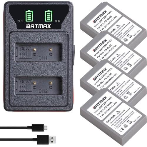 4x 2000mAh PS-BLS5 BLS-5 BLS5 BLS 5 Battery + LED USB Charger for Olympus OM-D E-M10, PEN E-PL2, E-PL5, E-PL6, E-PM2, Stylus 1