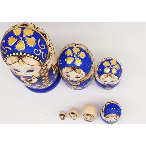 7pcs Blue Russian Nesting Dolls Wooden Matryoshka Toys for Children Kids Gift