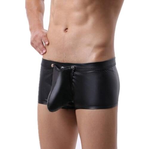 Sexy Gay Underwear Men Black Faux Leather Boxers Shorts Man Open Butt Underpants Open Front Removable Mens Underwear Penis Pouch