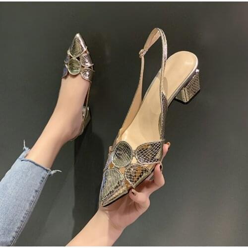 Fashion Women Low Heels Sandals Pointed Toe Buckle Elegant Golden Serpentine Office Females Pumps Party Wedding Shoes 2021 New
