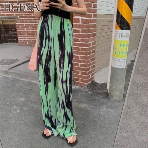 TIGENA Tie Dye High Waist Pants Women 2021 Spring Summer Casual Pleated Wide Leg Baggy Pants Female Green Blue Trousers Women