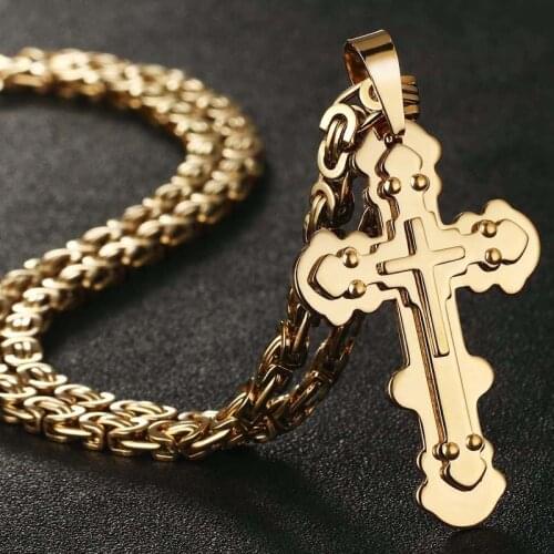 Male Gold Color Stainless Steel Byzantine Chain Cross Pendant Necklace Jewelry collares de moda for Strong Men Necklace Orthodox