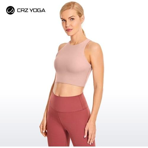 CRZ YOGA Womens High Neck Longline Yoga Top with Built in Bra Racerback Sports Crop Top