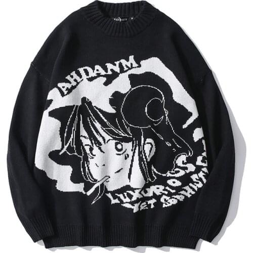 Men Sweater Hip Hop Streetwear Harajuku Retro Anime Girl Smoking O-neck Oversize Japanese Style Pullover Cotton Couple Sweaters