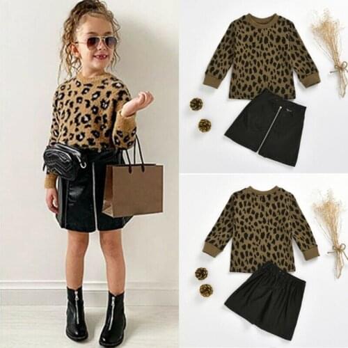 2PCS Toddler Kids Baby Girl Clothes Set Leopard Print Pullover Tops Sweater+Leather Mini Skirts Outfit Sets