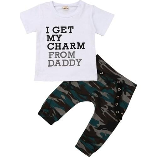 2Pcs Newborn Baby Boy Summer Outfit Short Sleeve Letters T-shirt Top Camouflage Long Pants kids 0-4T