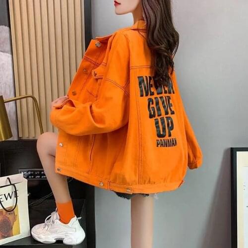 Letter Printing Single Breasted denim jacket Women Korean Long sleeve Polo Collar Coat Spring Casual Streetwear Loose jacket