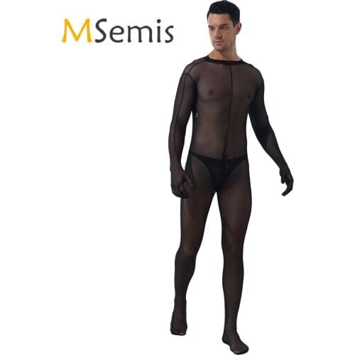 Mens Lingerie See-through Mesh Bodystocking Zipper Crotch Bodysuit Sheer Skinny Jumpsuits Nightclub Stage Performance Costume