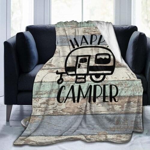 Soft Cozy Vintage Wooden Door Happy Camper Throw Blankets, Sherpa Plus Velvet Sleeping Blanket Wearable Blanket, Super Warm