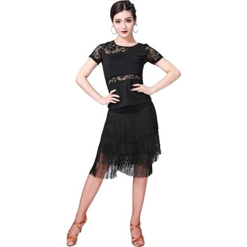 New Fashion Women Dance Clothes Salsa Samba Wear Class Dress Short Sleeves Spandex Top Lace Latin Costume Fringe Skirt