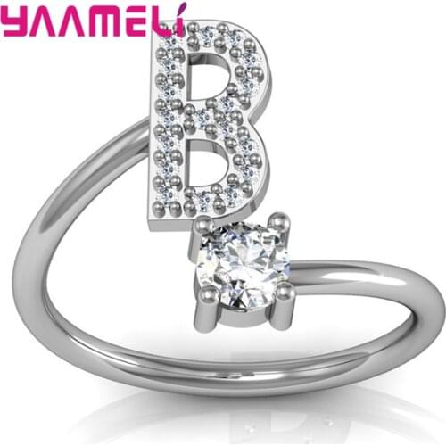Simple Women Men Rings 925 Sterling Silver Metal Crystal A To Z Initial 26 Letters Wedding Engagement Christmas Accessory Gift