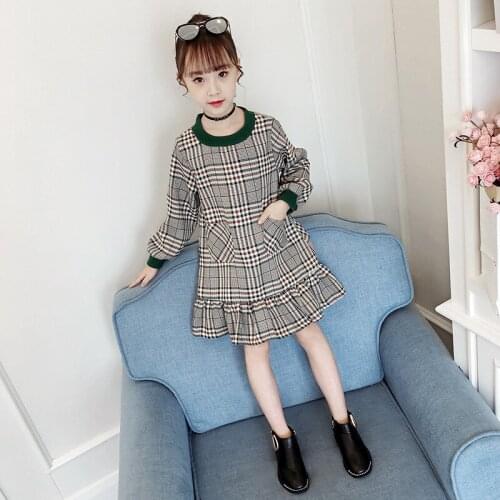 Long Sleeve O-neck Teen Girls Plaid Dress Spring Autumn Kids Girls Elegant Dresses Ruffle Hem Children Vestidos Dress 4-13T